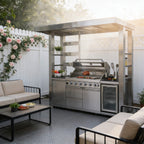 Castelle Flame Astoria 94-Inch 6-Burner 85K BTU Outdoor Kitchen Grill Island With Wine Cooler, Rotisserie, Cabinets, And Granite Countertops