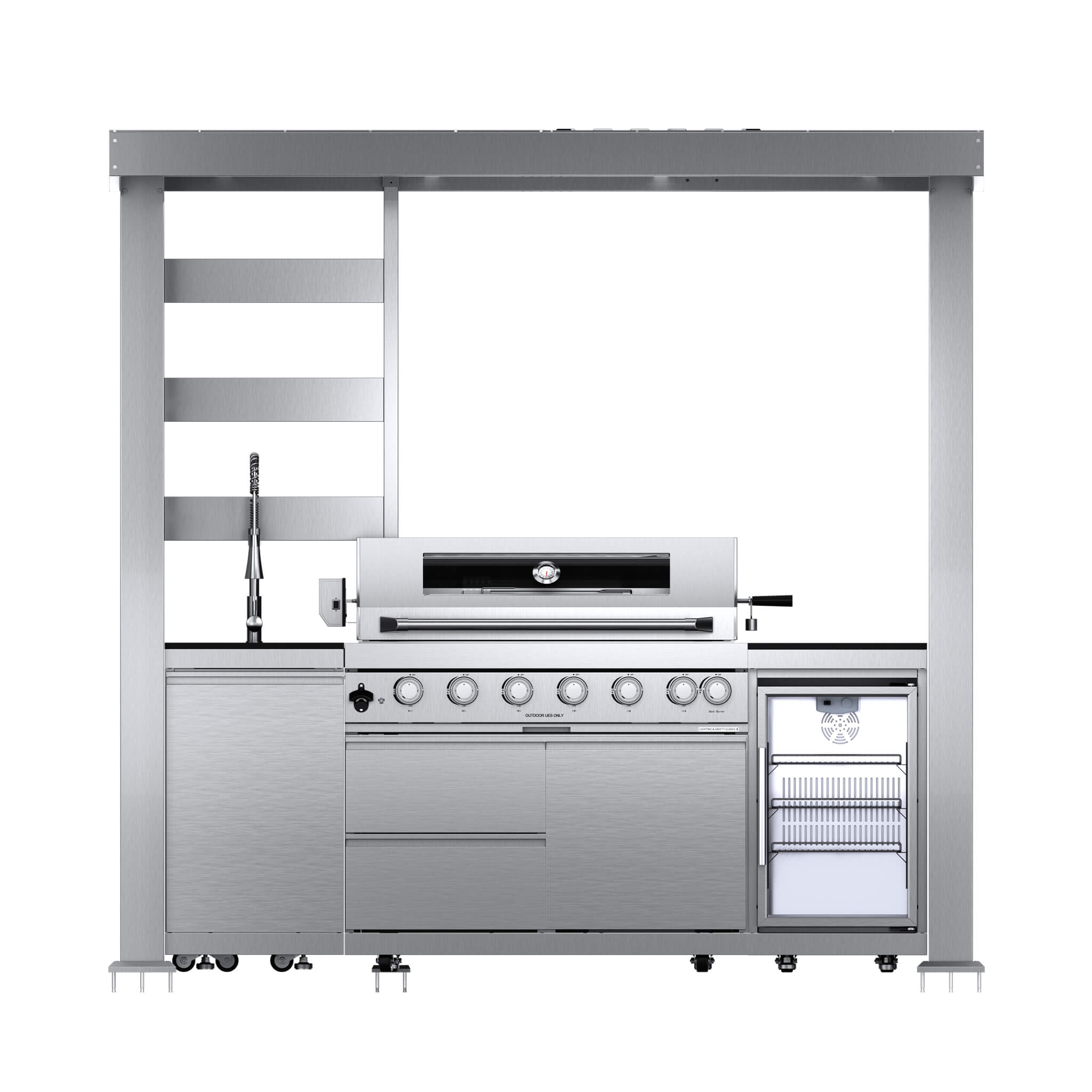 Castelle Flame Astoria 94-Inch 6-Burner 85K BTU Outdoor Kitchen Grill Island With Wine Cooler, Rotisserie, Cabinets, And Granite Countertops