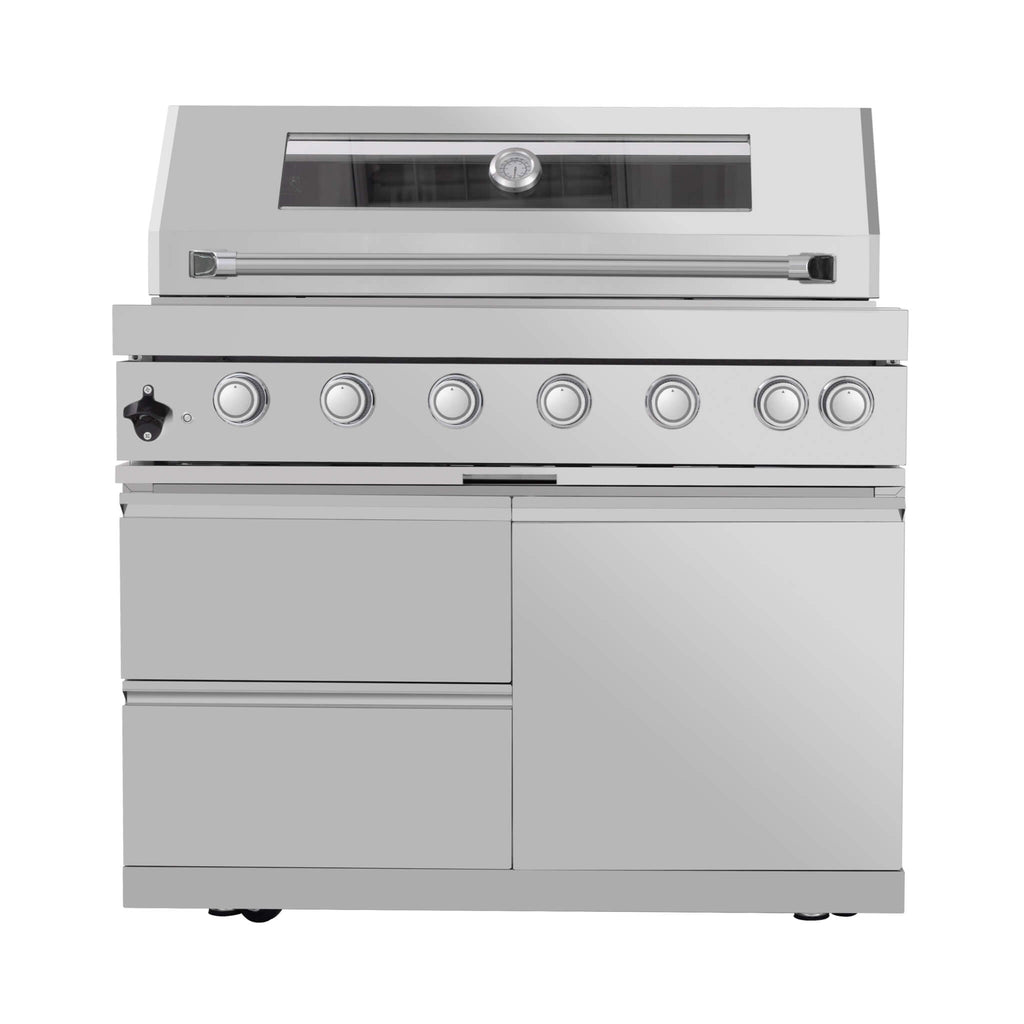Castelle Flame Astoria 94-Inch 6-Burner 85K BTU Outdoor Kitchen Grill Island With Wine Cooler, Rotisserie, Cabinets, And Granite Countertops
