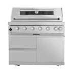 Castelle Flame Astoria 94-Inch 6-Burner 85K BTU Outdoor Kitchen Grill Island With Wine Cooler, Rotisserie, Cabinets, And Granite Countertops