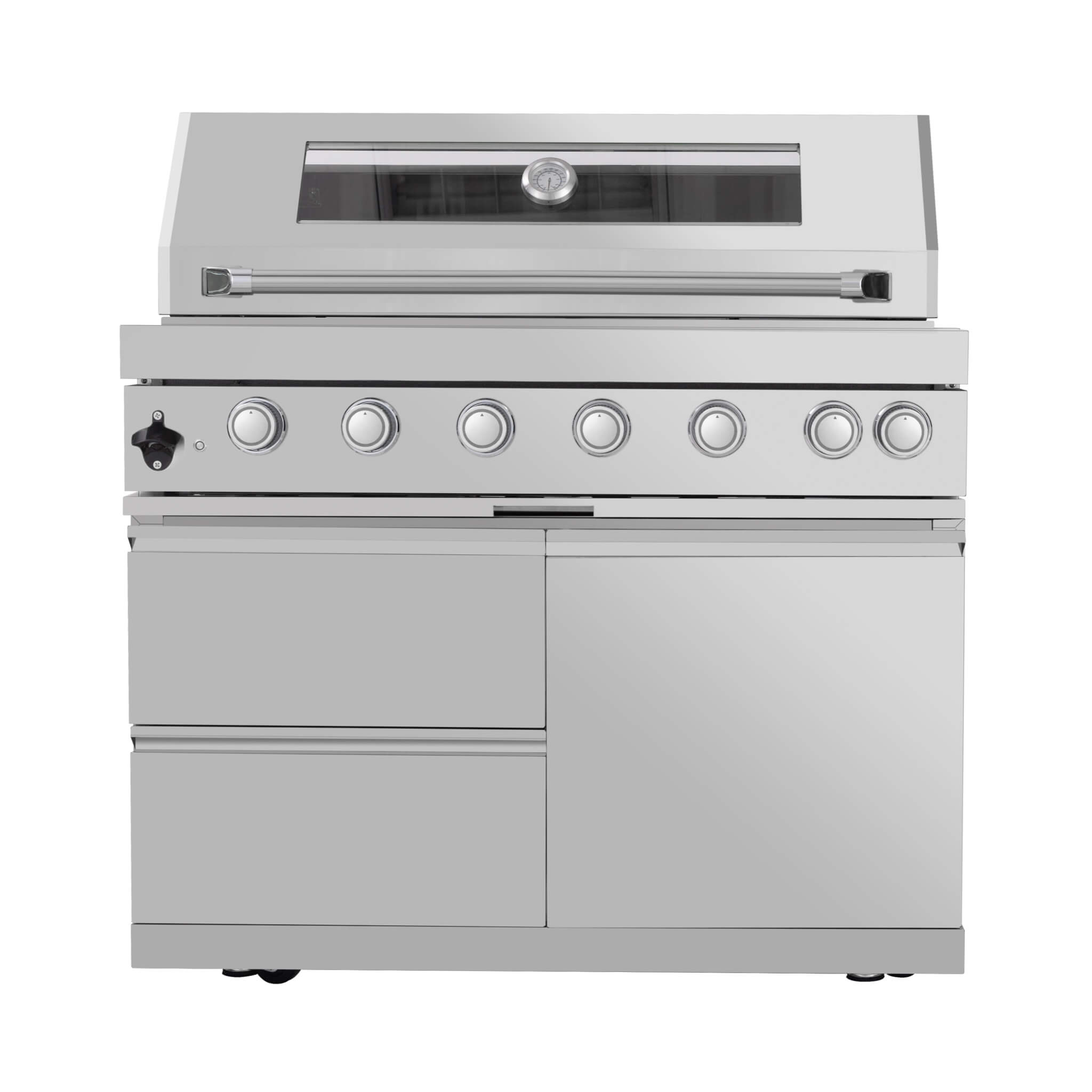 Castelle Flame Astoria 94-Inch 6-Burner 85K BTU Outdoor Kitchen Grill Island With Wine Cooler, Rotisserie, Cabinets, And Granite Countertops