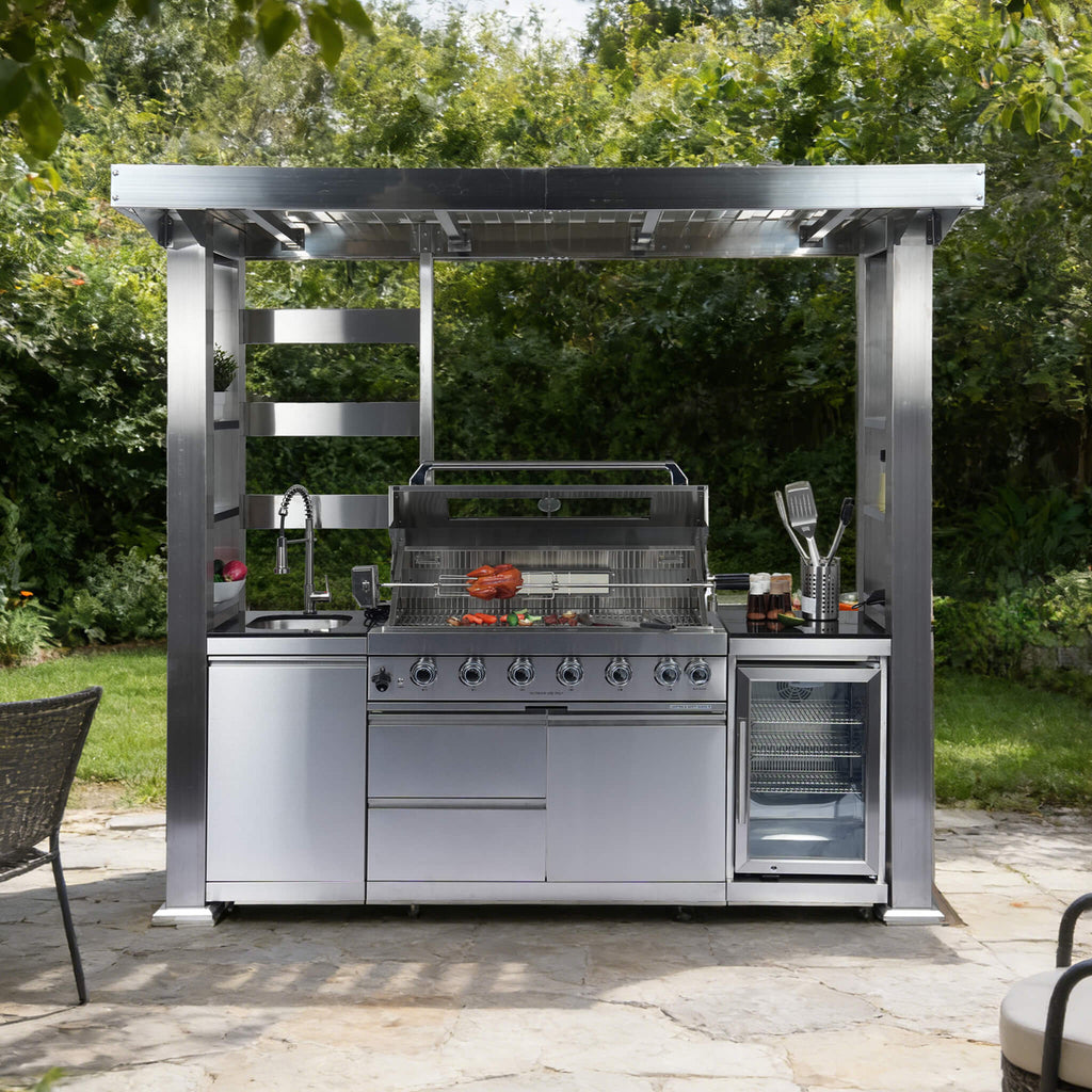 Castelle Flame Astoria 94-Inch 6-Burner 85K BTU Outdoor Kitchen Grill Island With Wine Cooler, Rotisserie, Cabinets, And Granite Countertops