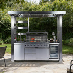 Castelle Flame Astoria 94-Inch 6-Burner 85K BTU Outdoor Kitchen Grill Island With Wine Cooler, Rotisserie, Cabinets, And Granite Countertops