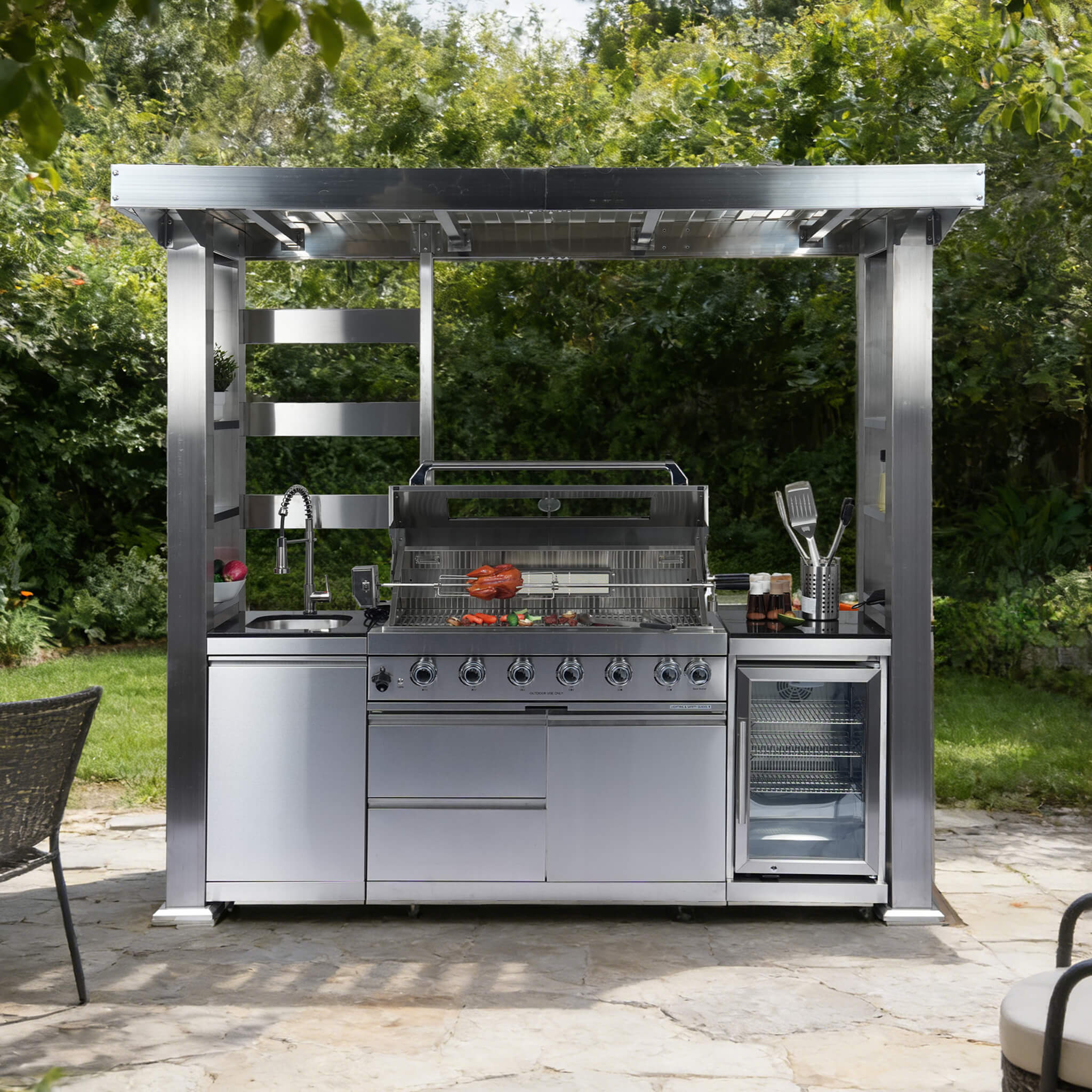 Castelle Flame Astoria 94-Inch 6-Burner 85K BTU Outdoor Kitchen Grill Island With Wine Cooler, Rotisserie, Cabinets, And Granite Countertops