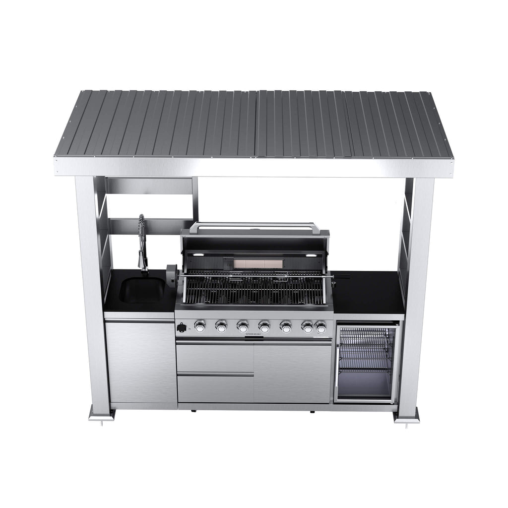 Castelle Flame Astoria 94-Inch 6-Burner 85K BTU Outdoor Kitchen Grill Island With Wine Cooler, Rotisserie, Cabinets, And Granite Countertops