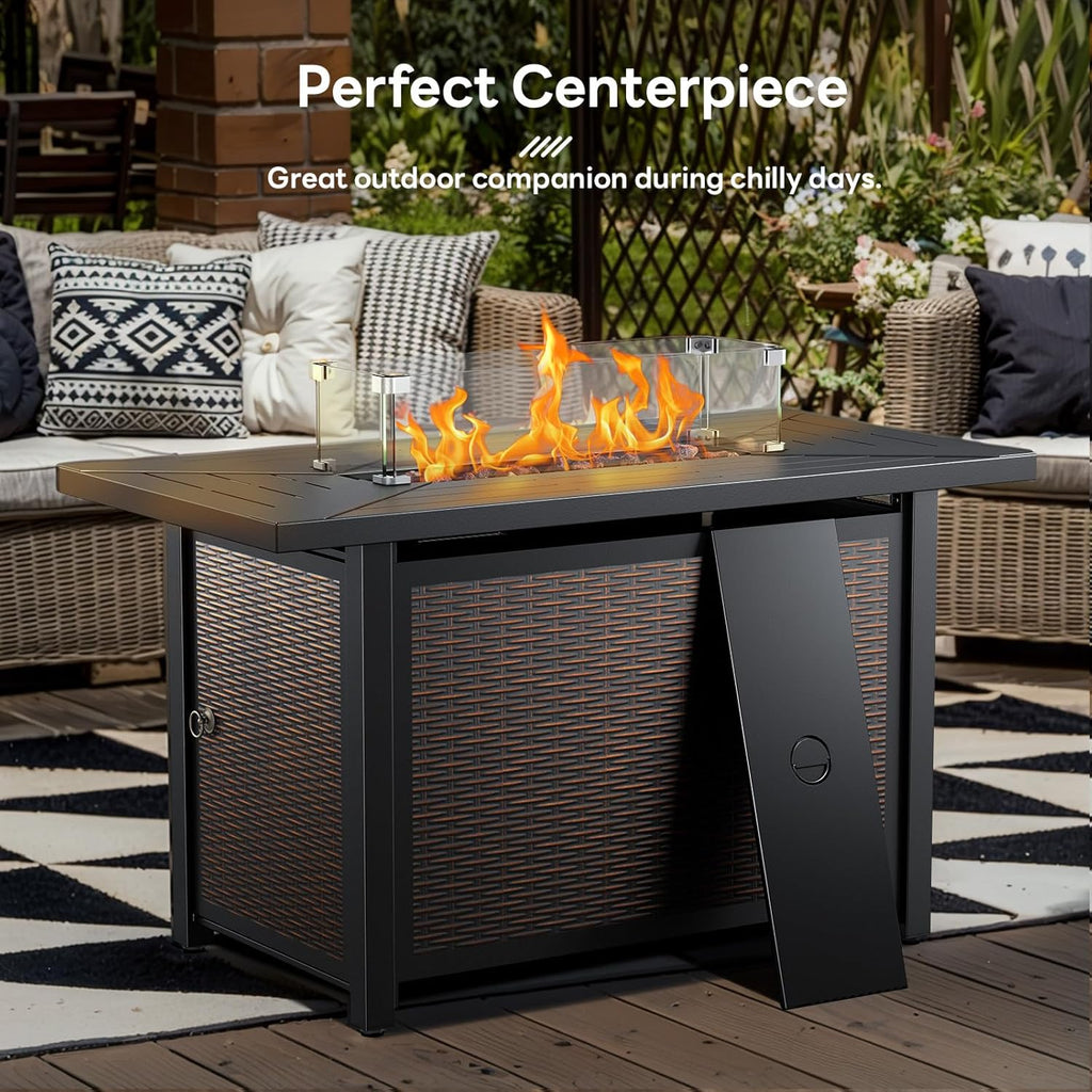 Luxury High Back Outdoor Furniture with 6-Inch Extra Thick Cushions, Patio Furniture Set with Fire Pit Table & Swivel Chairs, 9 PCS Wicker Conversation Set for Yard, Deck, Poolside, Brown/Grey