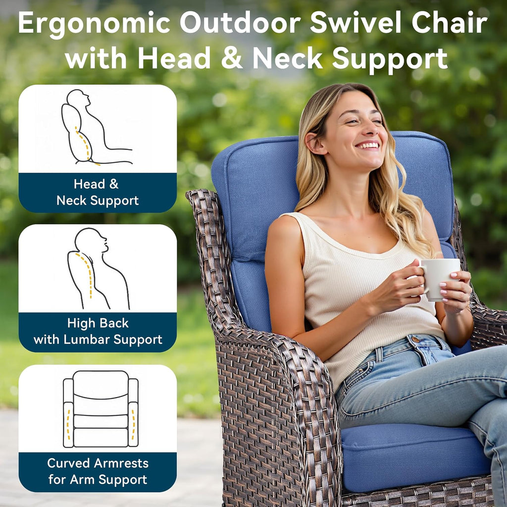 Luxury High Back Outdoor Furniture with 6-Inch Thick Cushions, Patio Furniture Set with Swivel Chairs, 6 PCS Wicker Conversation Set for Porch, Balcony, Deck and Yard