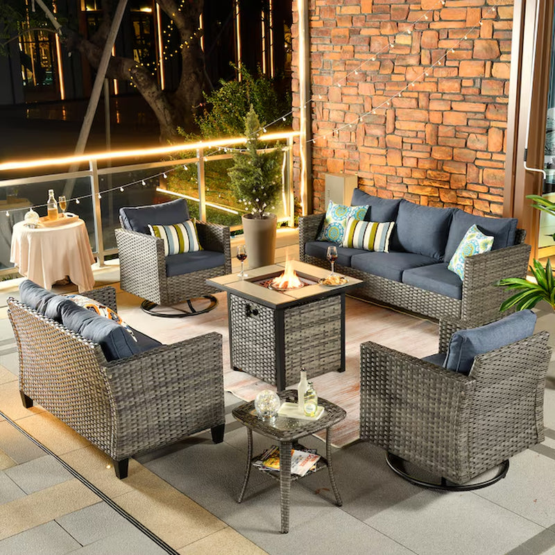 6 -Piece Wicker Patio Sofa Conversation Set with Orange Cushions