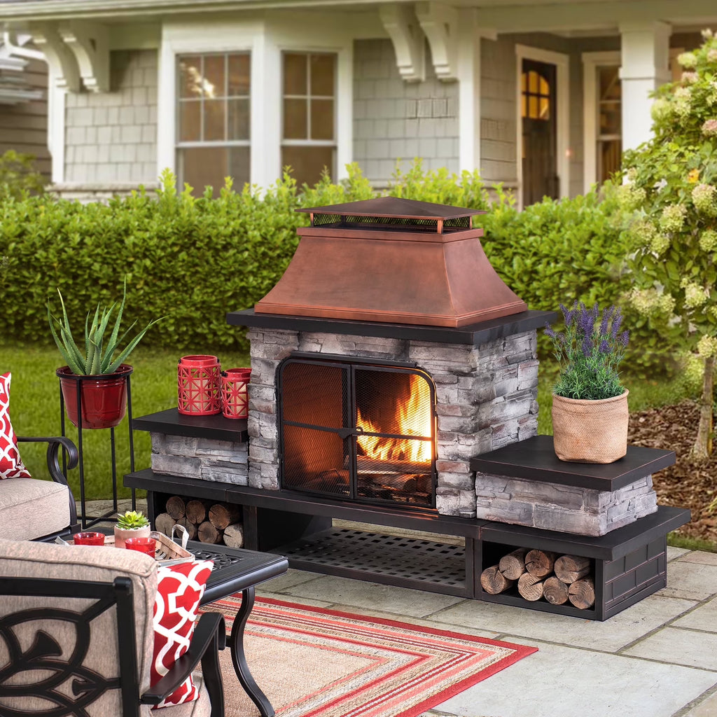 Outdoor 48 Inch Steel Wood Burning Stone Fireplace with Fire Poker and Removable Grate
