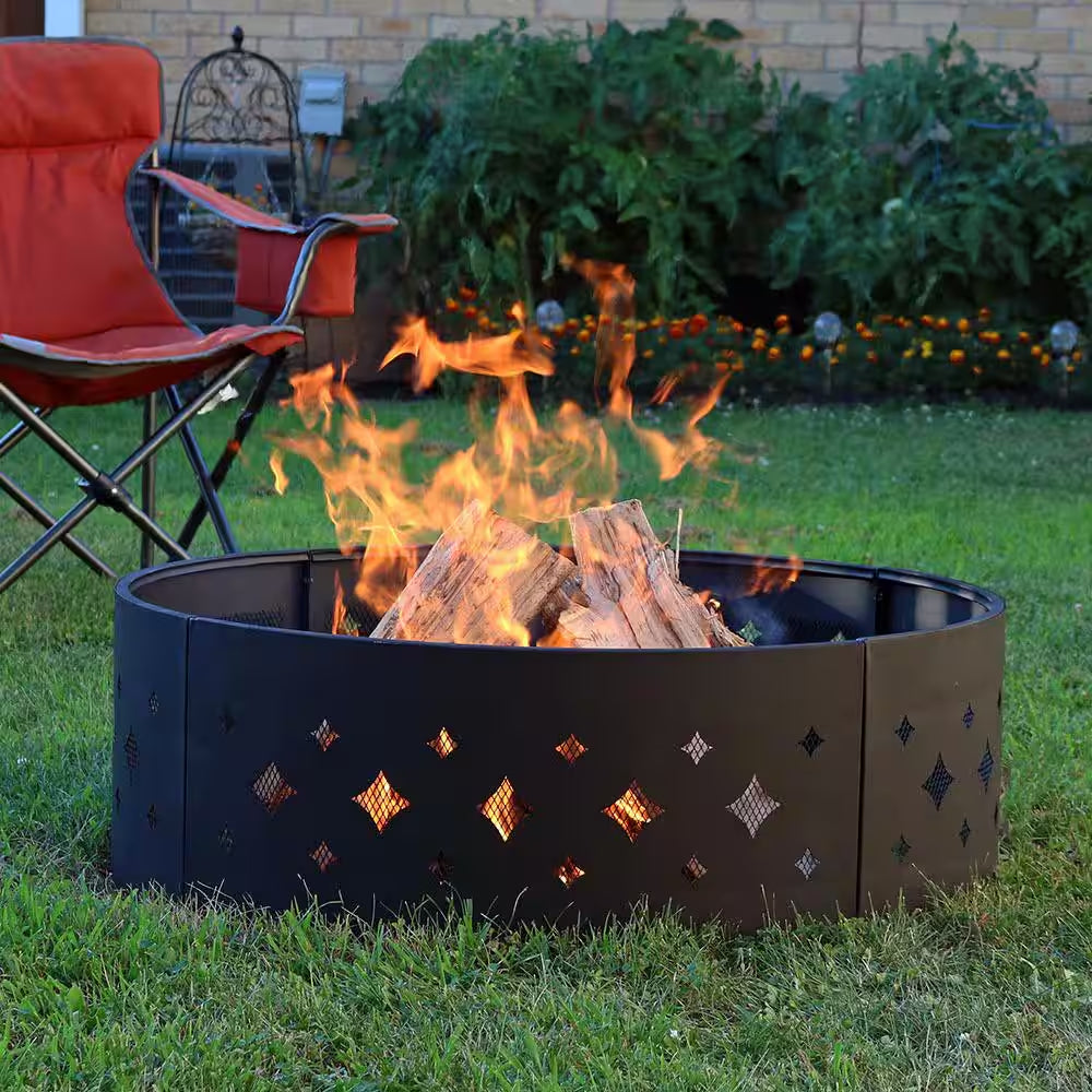 36 In. round Heavy-Duty Steel Diamond Wood Burning Fire Pit Ring
