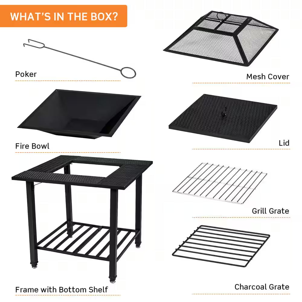 31 In. Outdoor Steel Fire Pit Dining Table Charcoal Wood Burning W/Cooking BBQ Grate