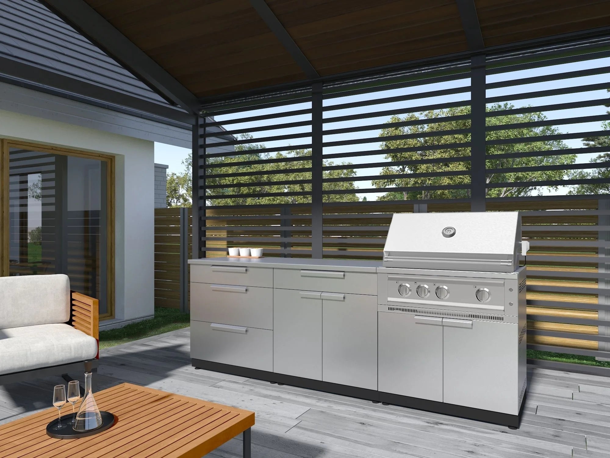 Newage Products Outdoor Kitchen Stainless Steel 3 Piece Cabinet Set with 3-Drawer, Bar and Grill Cabinet