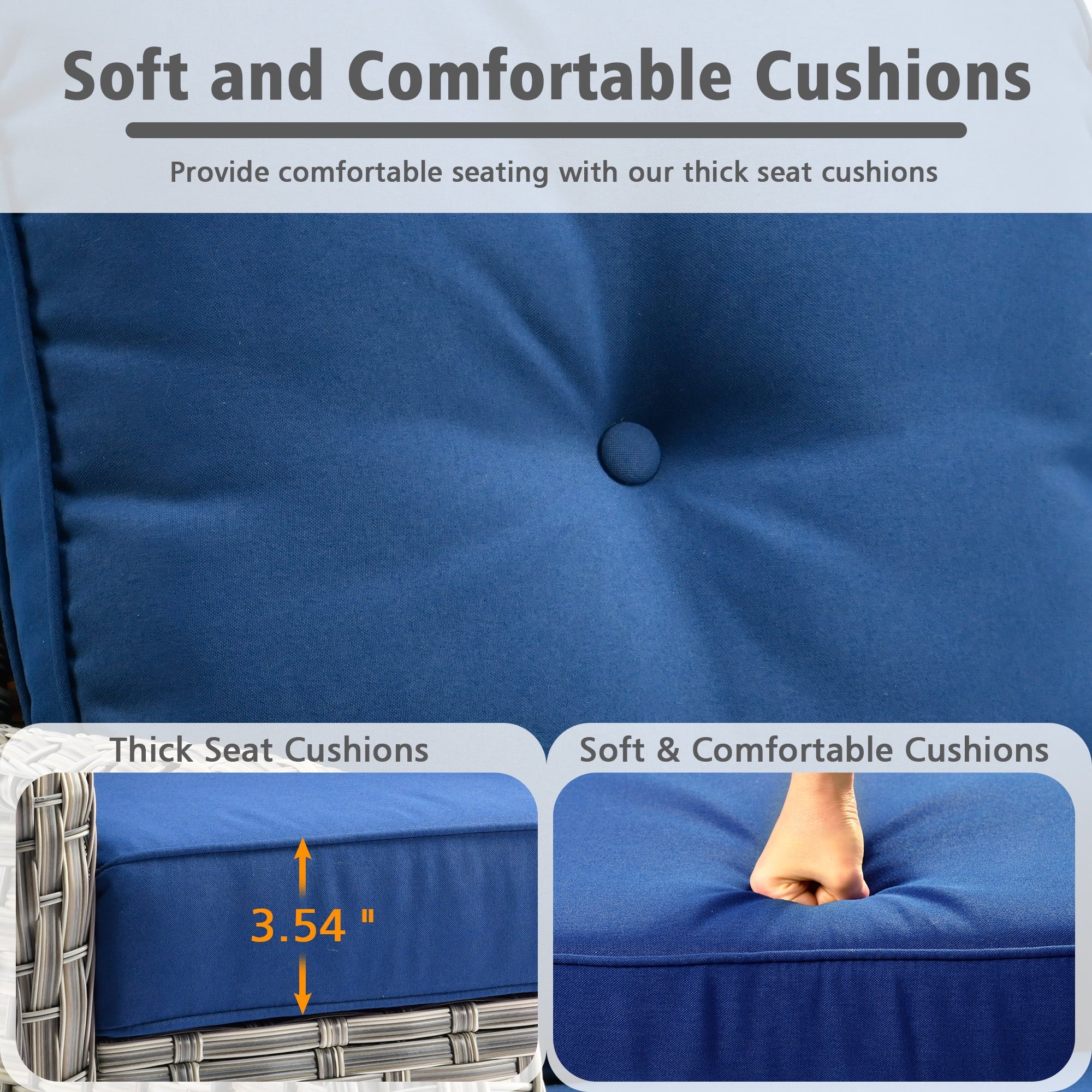 Outdoor Patio Furniture Set 9 Pieces Rattan Wicker Sectional with 42" Gas Fire Pit, Swivel Chairs, Solar Table, Navy Blue