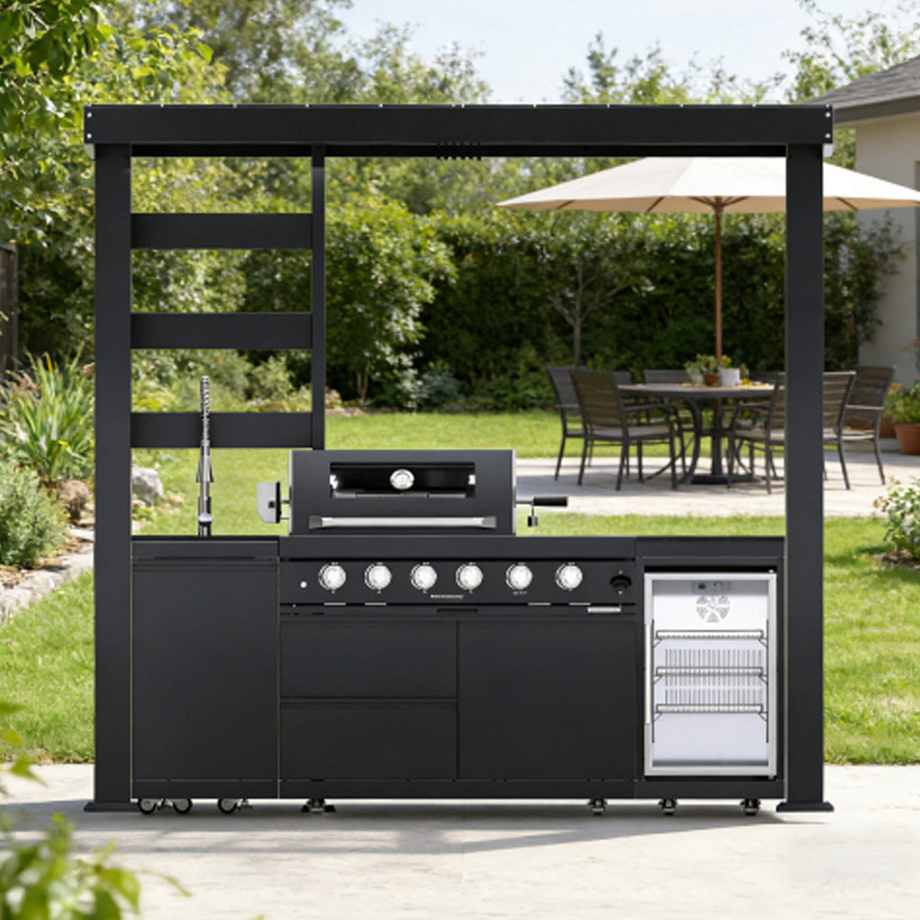 Castelle Flame Amalfi 97-Inch 4-Burner 72K BTU LP Outdoor Kitchen Grill Island with Wine Cooler, Rotisserie, Cabinets, And Granite Countertops