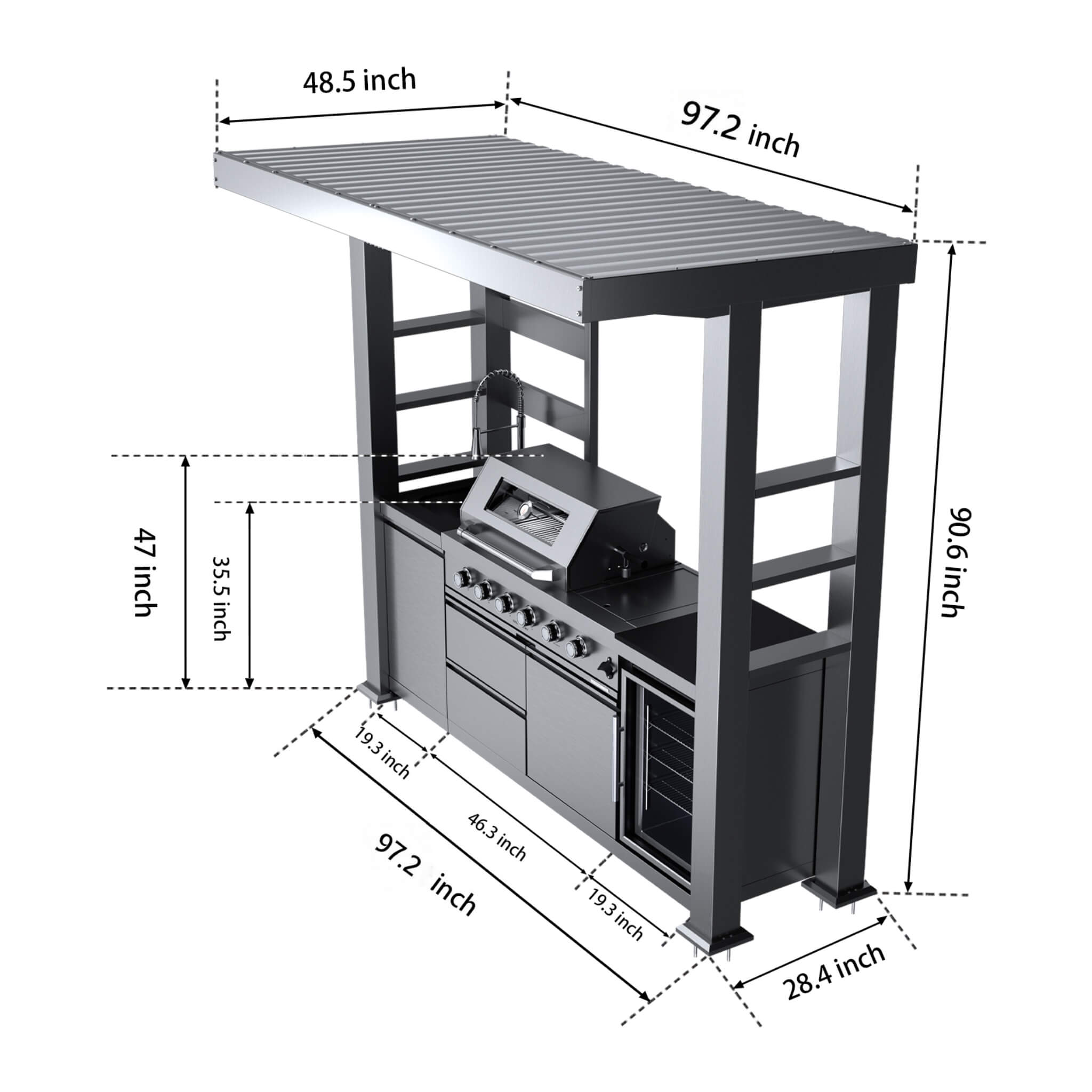 Castelle Flame Amalfi 97-Inch 4-Burner 72K BTU LP Outdoor Kitchen Grill Island with Wine Cooler, Rotisserie, Cabinets, And Granite Countertops
