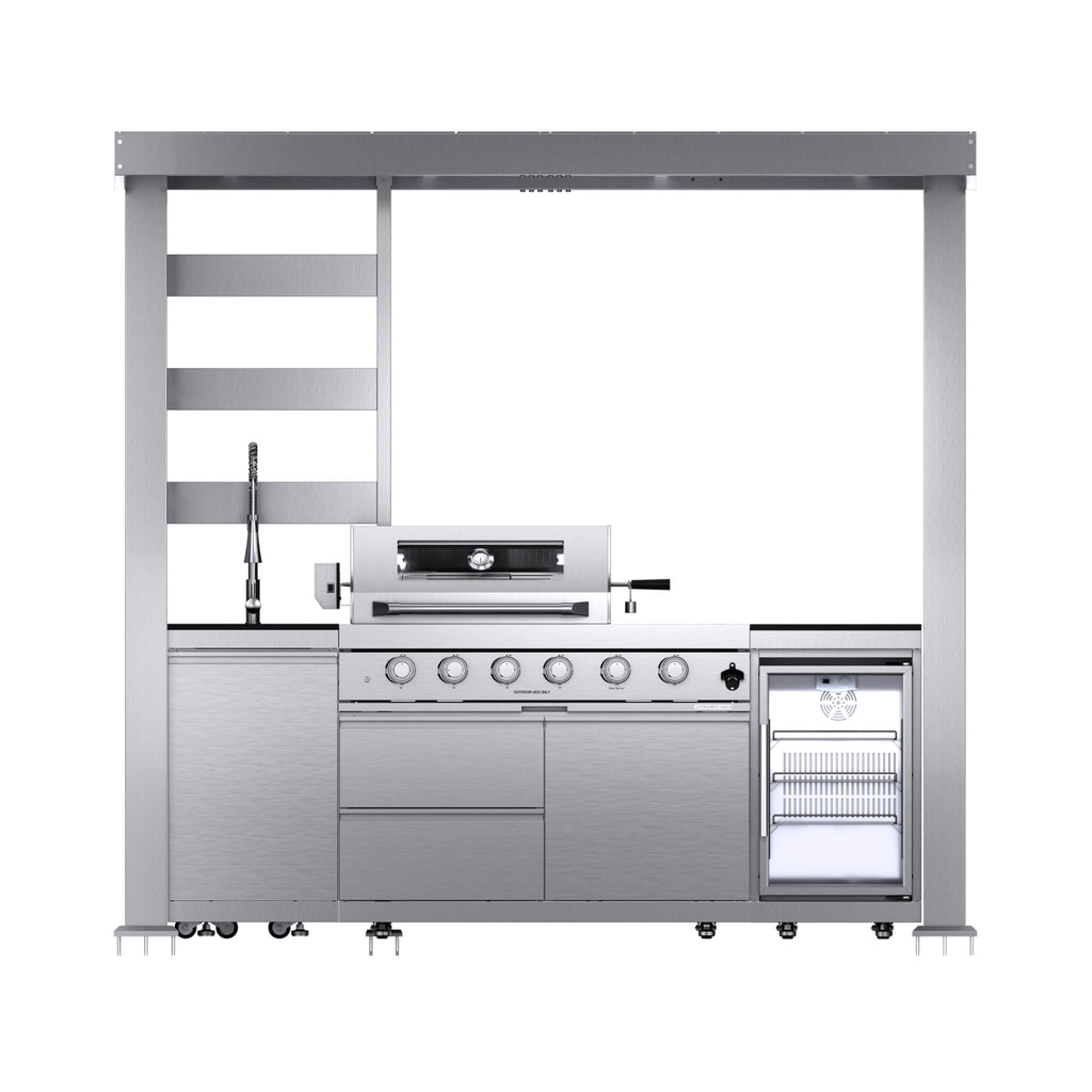 Castelle Flame Amalfi 97-Inch 4-Burner 72K BTU LP Outdoor Kitchen Grill Island with Wine Cooler, Rotisserie, Cabinets, And Granite Countertops