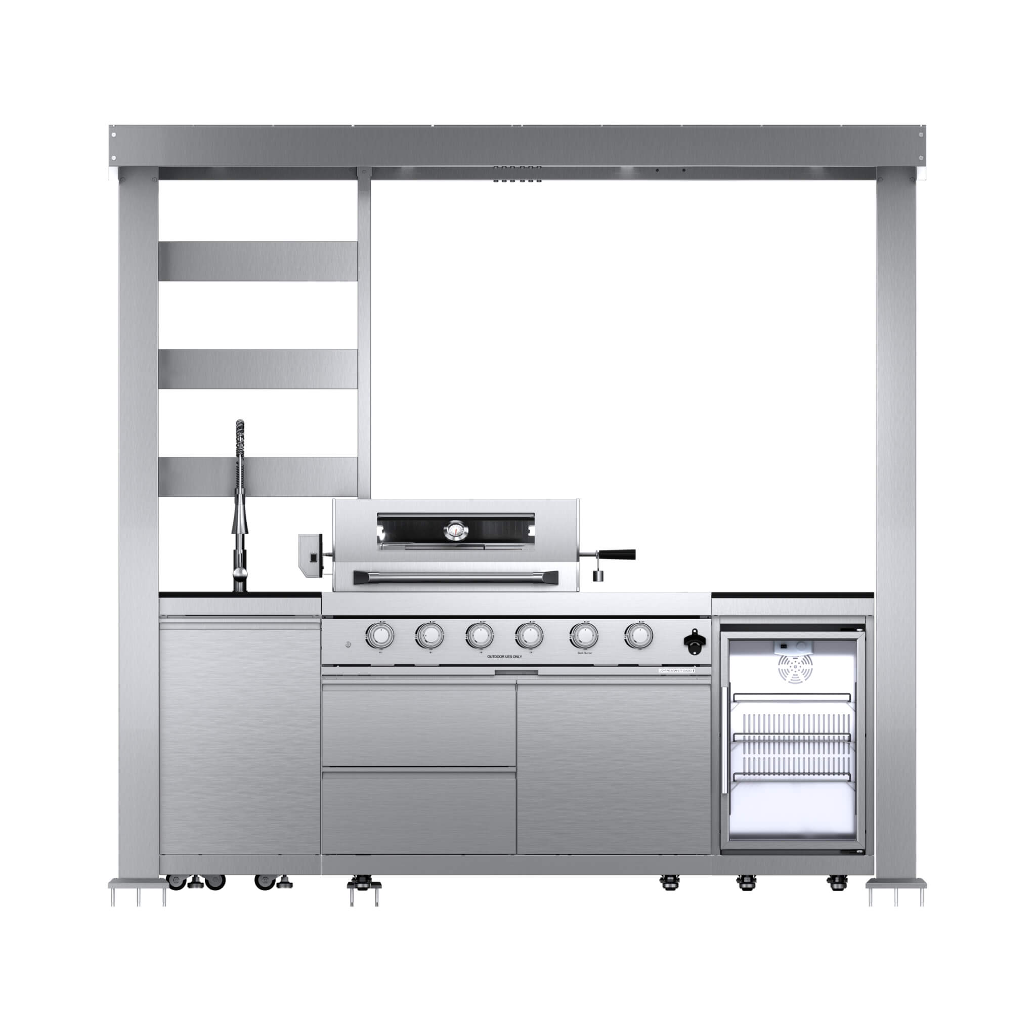 Castelle Flame Amalfi 97-Inch 4-Burner 72K BTU LP Outdoor Kitchen Grill Island with Wine Cooler, Rotisserie, Cabinets, And Granite Countertops