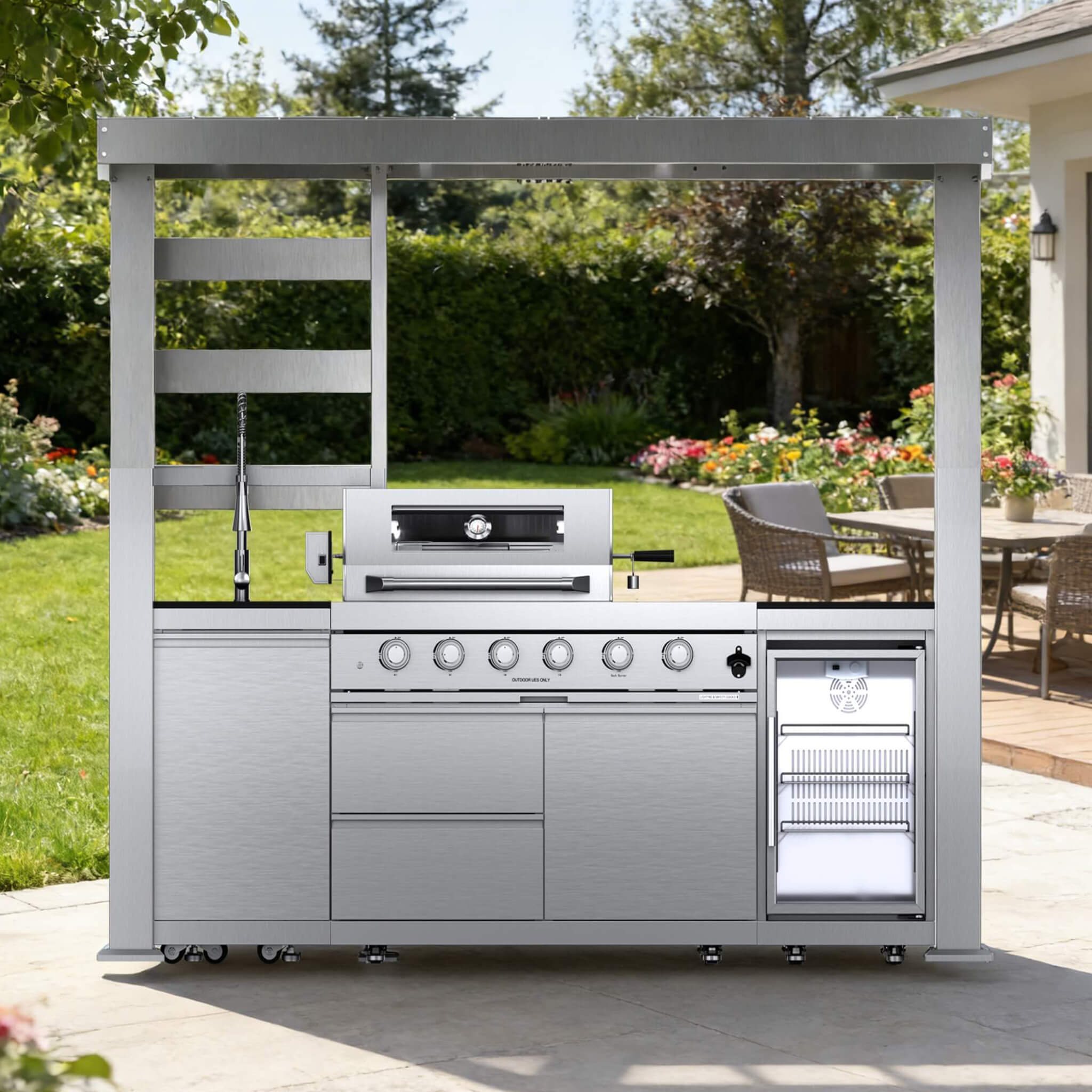 Castelle Flame Amalfi 97-Inch 4-Burner 72K BTU LP Outdoor Kitchen Grill Island with Wine Cooler, Rotisserie, Cabinets, And Granite Countertops