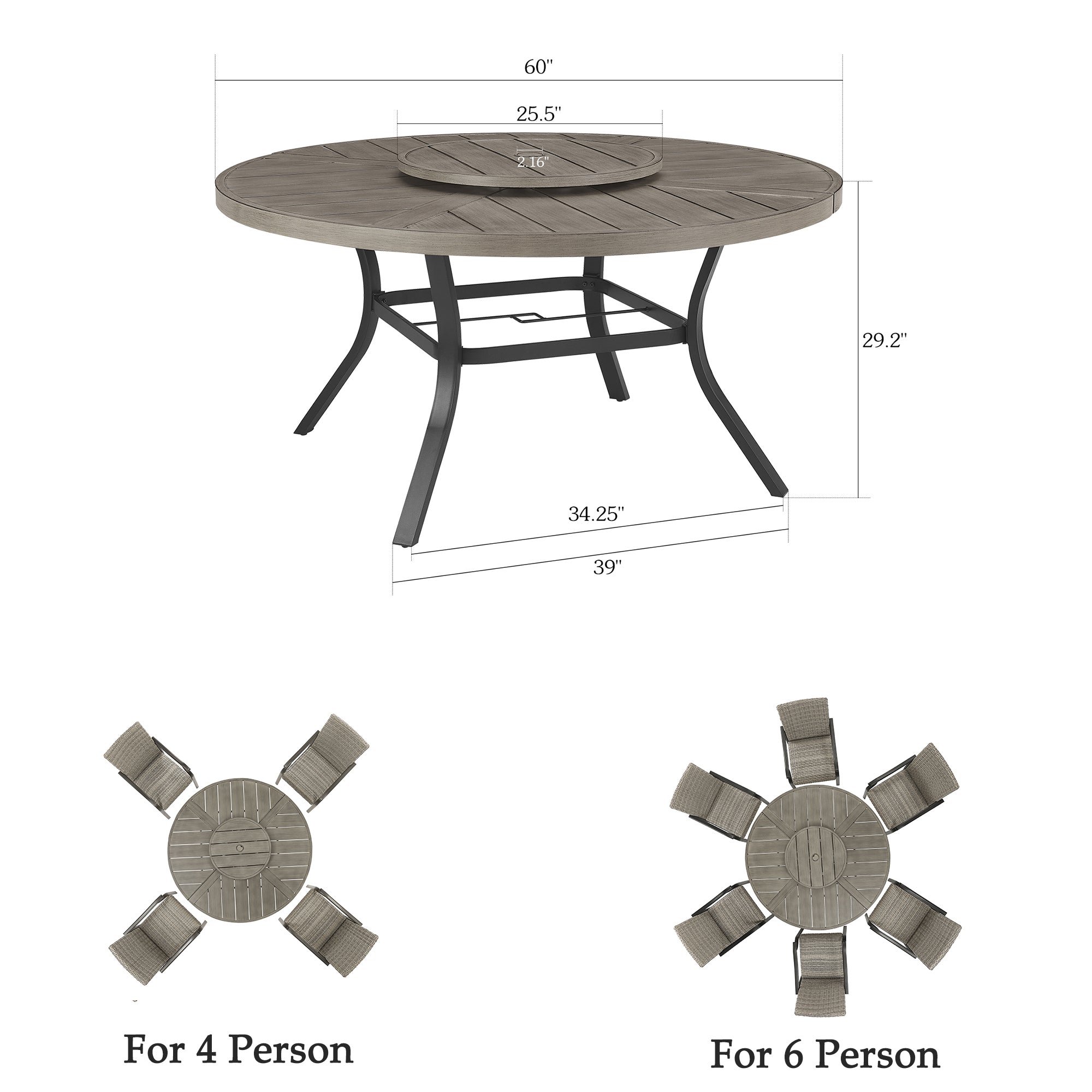 Aluminum Round 60" Dining Table With Removable Lazy Susan for 6 People