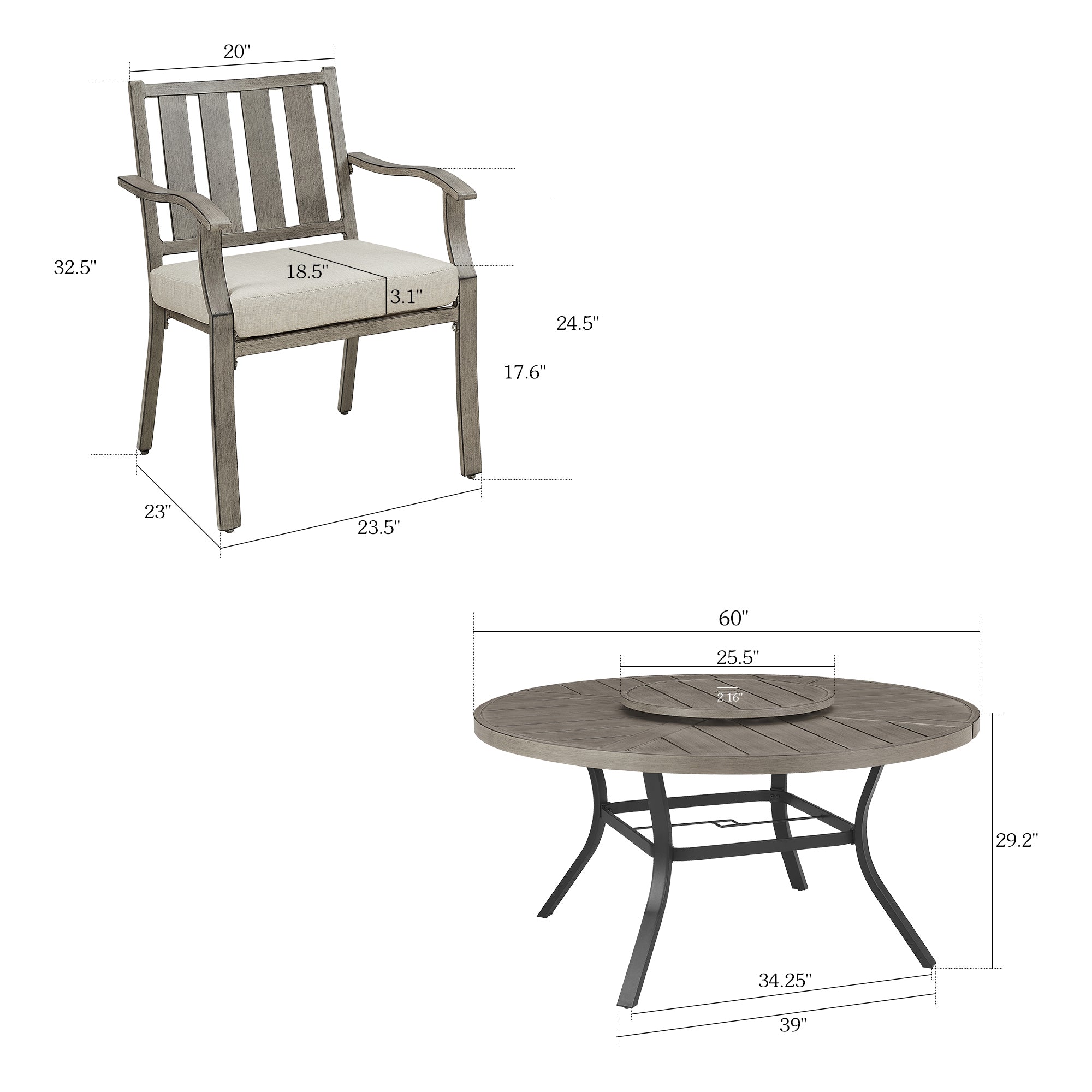 Round 60" Dining Set With Removable Lazy Susan And Sunbrella® Cushions