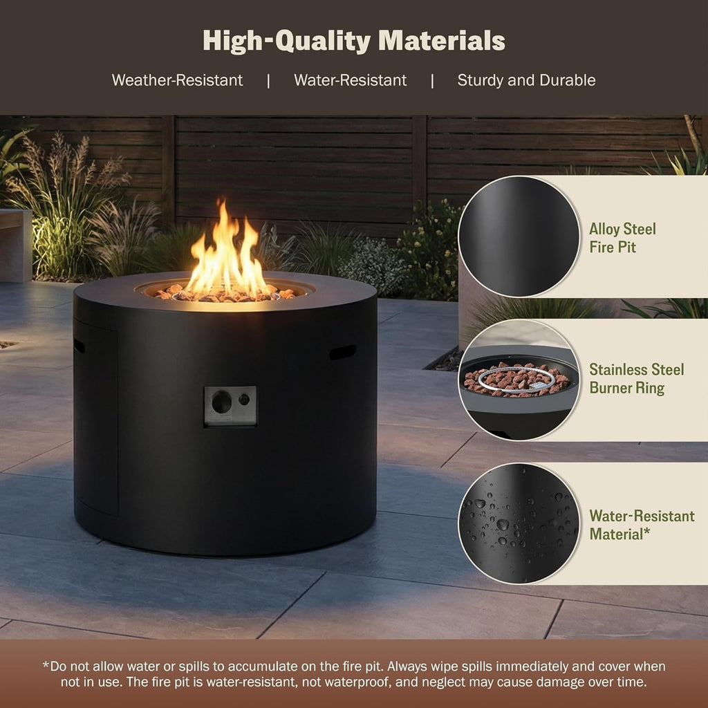 32" Propane Fire Pit Table round Smokeless W/Lid Alloy Steel Outdoor Gas Firepit Table 50,000 Btus Includes Lava Rocks and Weatherproof Cover for Wooden Deck Backyard and Pool (Black)