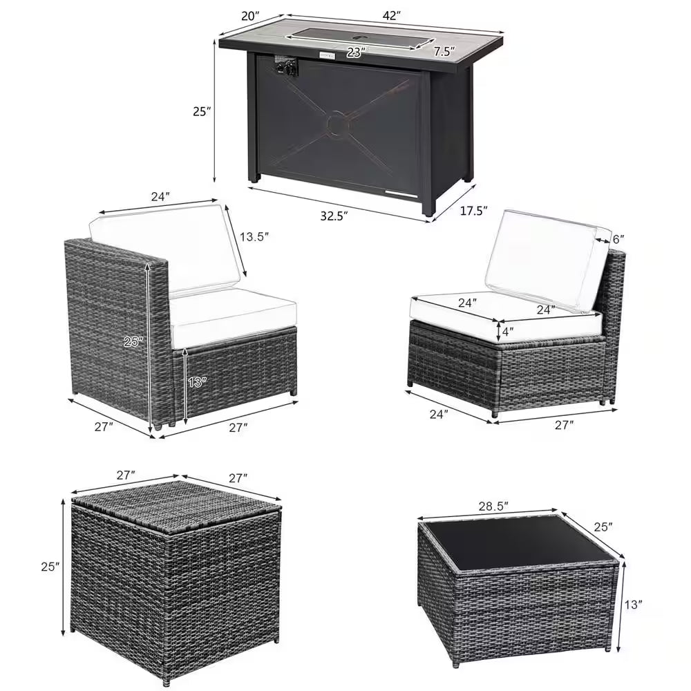 9-Pieces Patio Rattan Furniture Set Fire Pit Table Storage Grey with Cover Grey