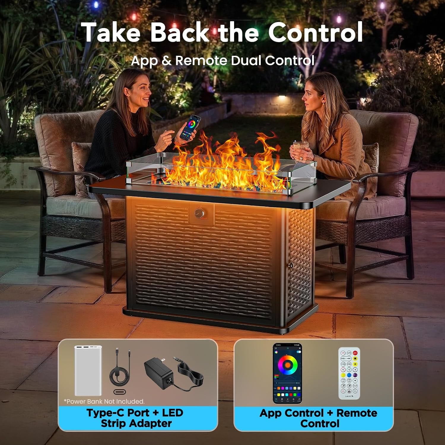 43" Rectangular Propane Fire Pit with RGB Lighting Strip – 60,000 BTU Gas Fire Pit Table, Glass Stones, Wind Guard, Adjustable Flame, Outdoor Fire Pit for Patio & Garden, Black