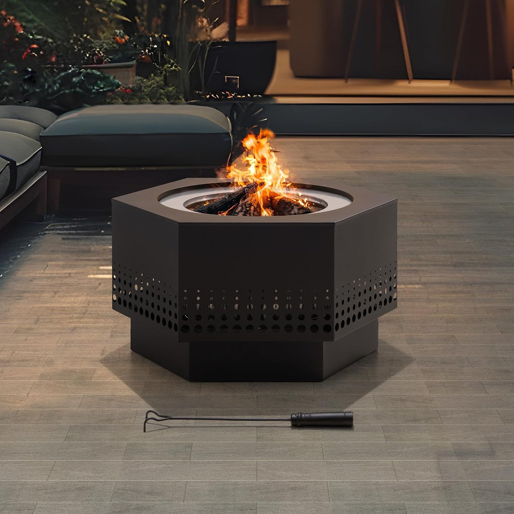 Smokeless Fire Pit 28-Inch Hexagonal Firepit for Outdoor, Stainless Steel Wood Burning Fireplace with Removable Ash Pan, PVC Cover and Fire Poker, Ideal for Camping, Bonfire, Backyard, Black