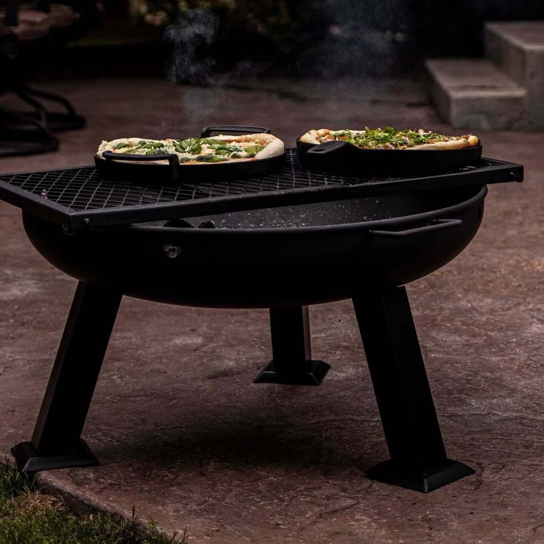 Fire Pit Grill - Campground Grill for Outdoor Cooking, Heavy Duty Steel Fire Pit with High-Temperature Black Coating, Black, Round
