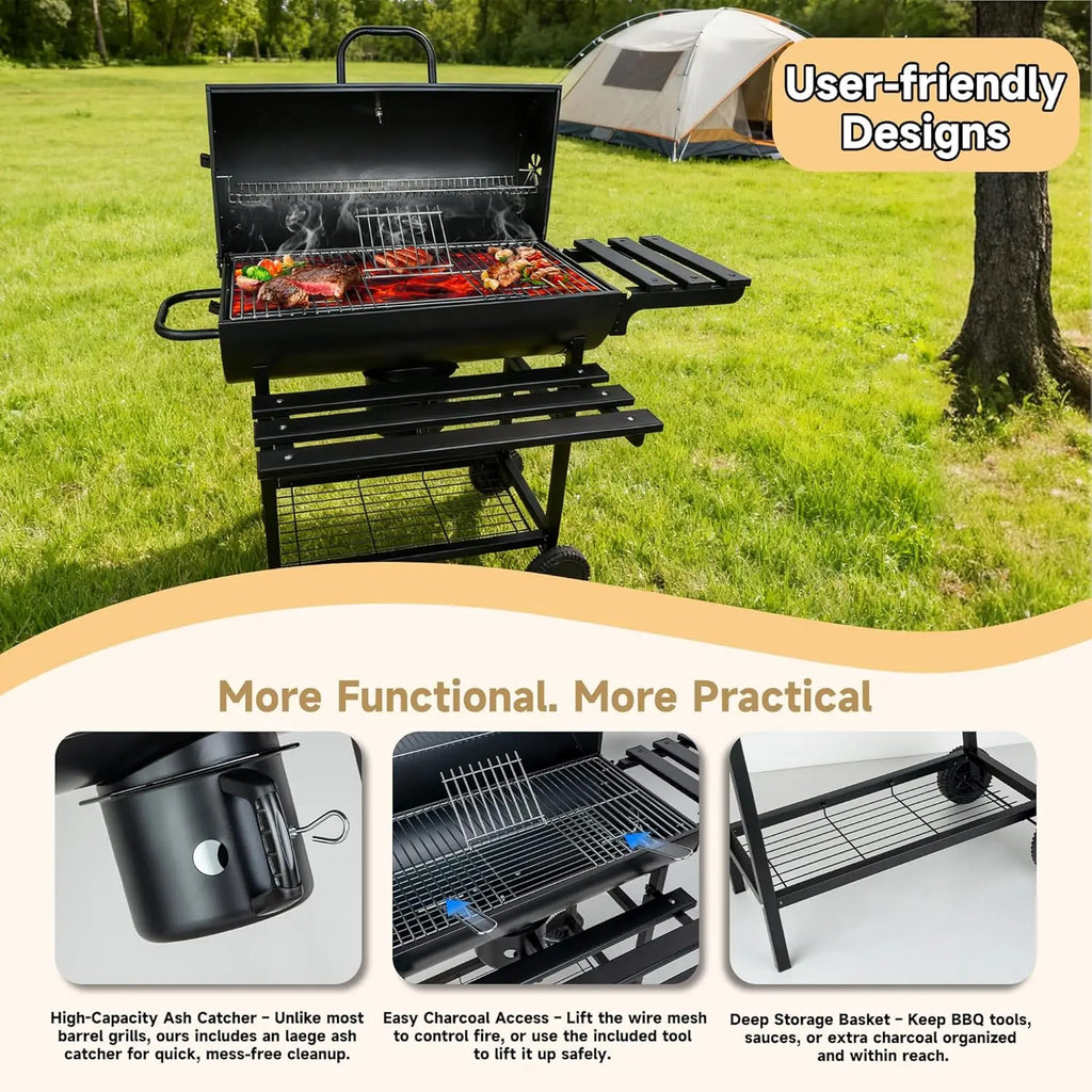 Charcoal BBQ Grills Outdoor: Spacious Barrel Barbecue Grill with Side Front Table Premium BBQ Smoker Combo for Backyard Cooking