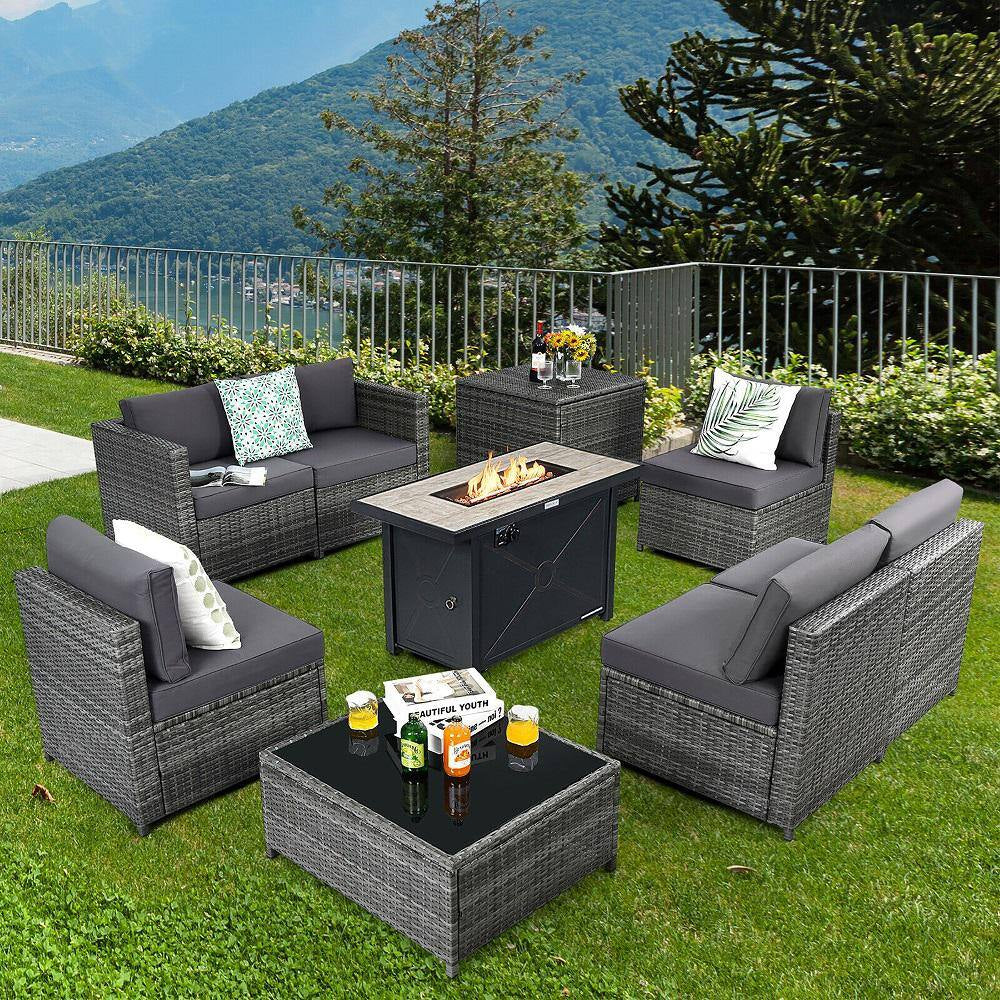 9-Pieces Patio Rattan Furniture Set Fire Pit Table Storage Grey with Cover Grey