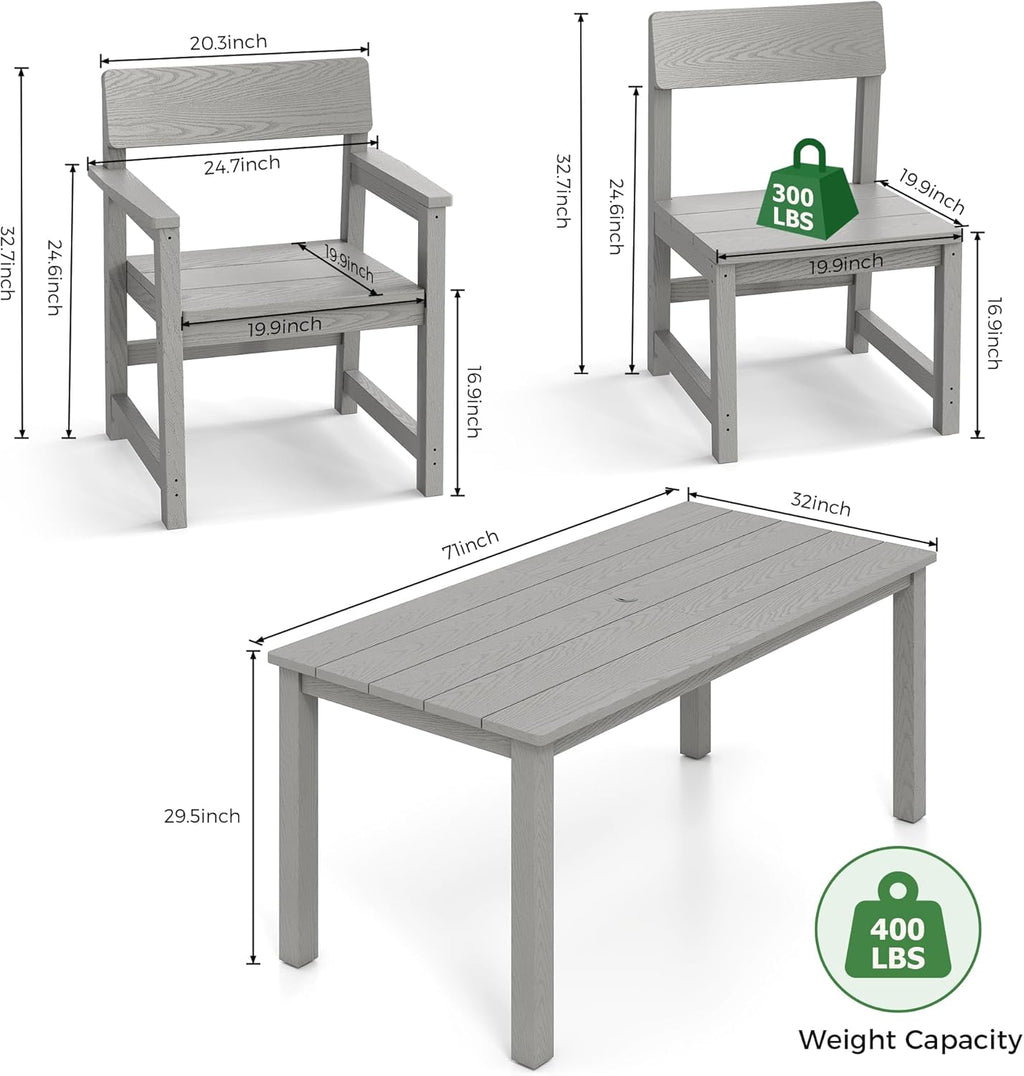 Patio Dining Sets 7 Piece HIPS Outdoor Dining Table Set with Umbrella Hole Table and 6 Chairs Furniture for Backyard Poolside Garden, Grey