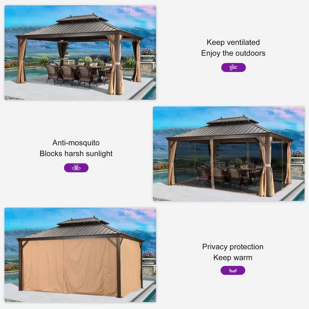 12 Ft.X 16 Ft.Bronze Aluminum Power-Coated Frame Galvanized Steel Double Roof Hardtop Gazebo,Hooks,Netting,Khaki Curtain