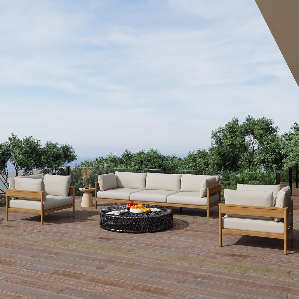 Modern Outdoor Patio Furniture Set, All-Weather Aluminium Conversation Sectional Sofa with Thick Cushions for Backyard, Garden, Porch, Armchair, Beige