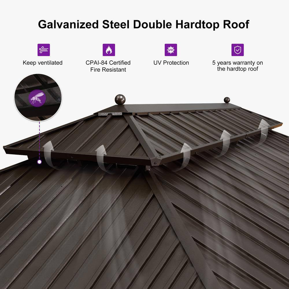 10 Ft.X 14 Ft.Bronze Aluminum Power-Coated Frame Galvanized Steel Double Roof Hardtop Gazebo,Hooks,Netting,Khaki Curtain