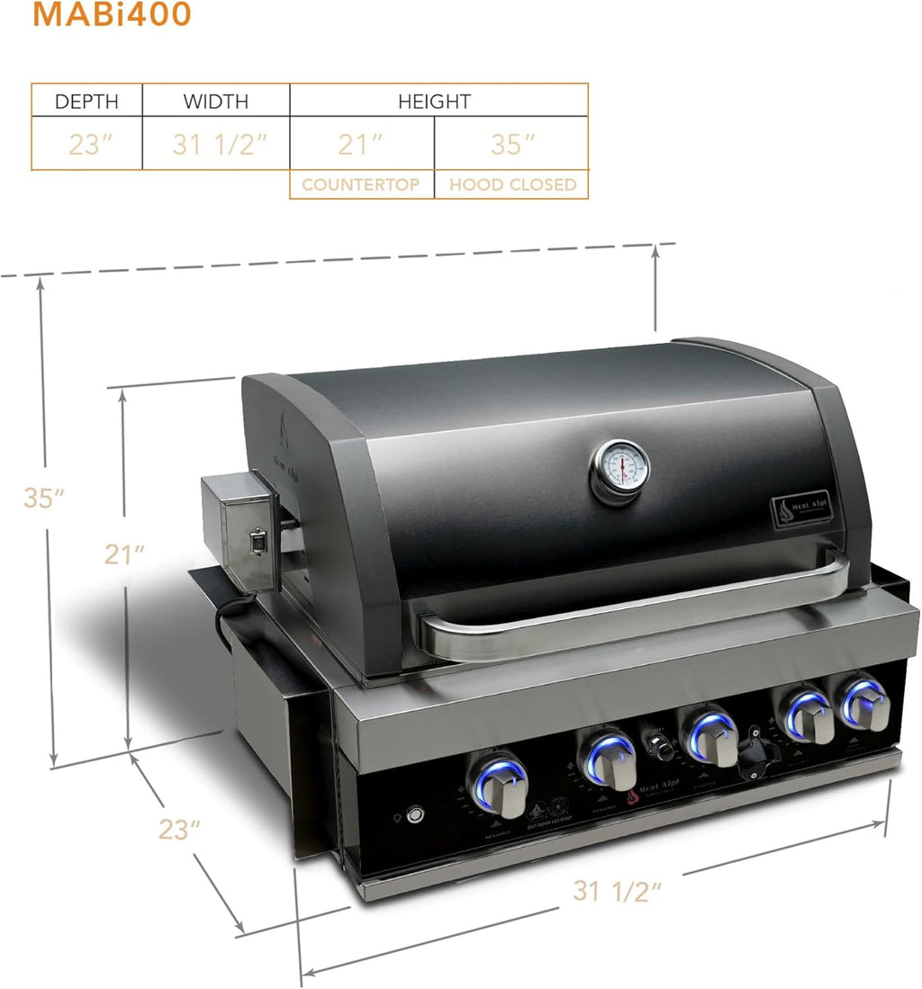 Premium 32"W X 23"D X 21"H Black Stainless Steel 4-Burner 63000 Btus Outdoor Kitchen Kitchen Island Heavy Duty Propane Built-In BBQ Gas Grill Head with Infrared Rear Burner + Rotisserie Kit