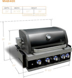 Premium 32"W X 23"D X 21"H Black Stainless Steel 4-Burner 63000 Btus Outdoor Kitchen Kitchen Island Heavy Duty Propane Built-In BBQ Gas Grill Head with Infrared Rear Burner + Rotisserie Kit