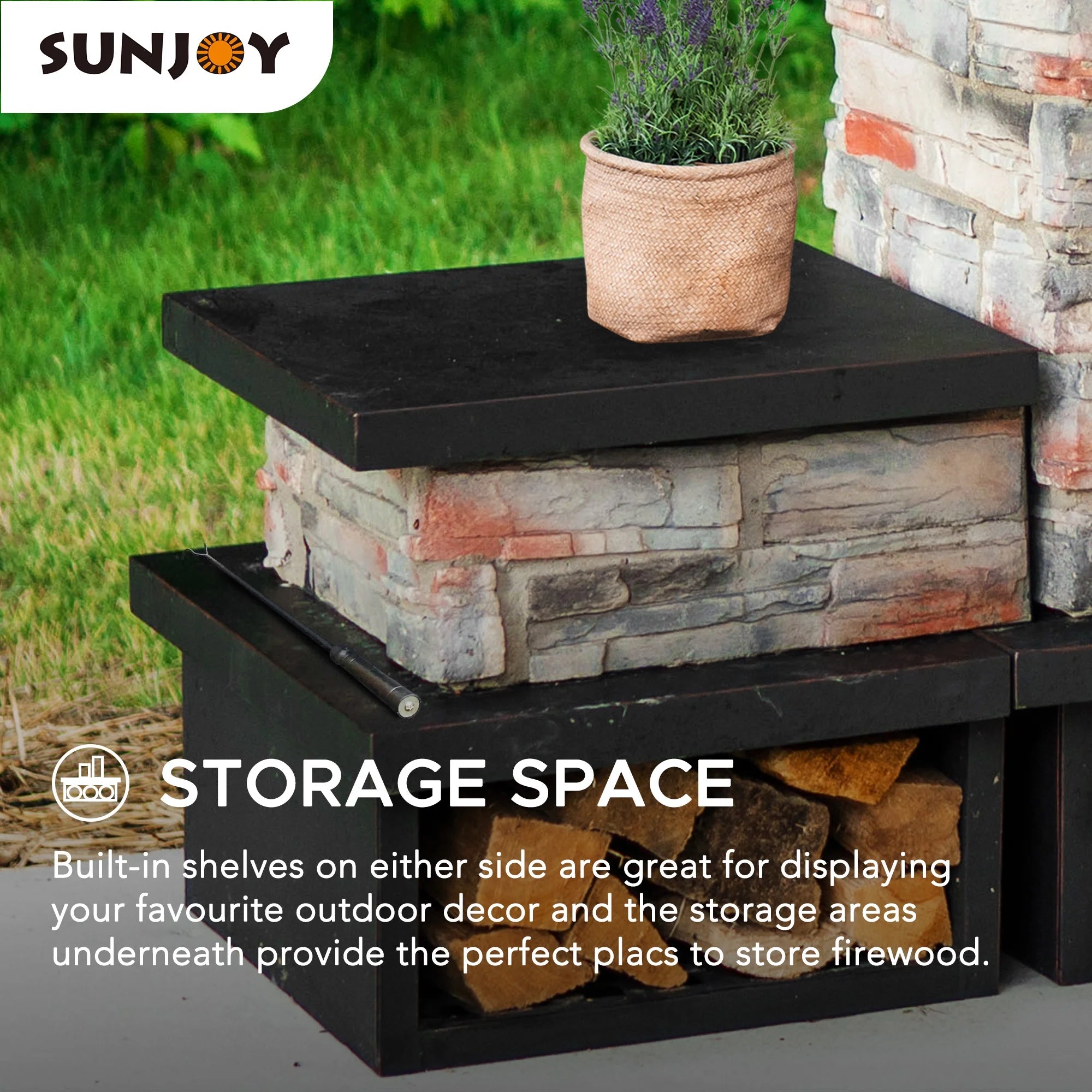 Outdoor 48 Inch Steel Wood Burning Stone Fireplace with Fire Poker and Removable Grate