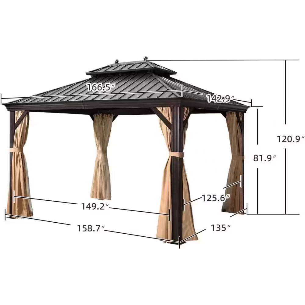 12 Ft.X 14 Ft.Bronze Aluminum Power-Coated Frame Galvanized Steel Double Roof Hardtop Gazebo,Hooks,Netting,Khaki Curtain