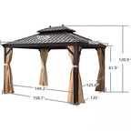 12 Ft.X 14 Ft.Bronze Aluminum Power-Coated Frame Galvanized Steel Double Roof Hardtop Gazebo,Hooks,Netting,Khaki Curtain
