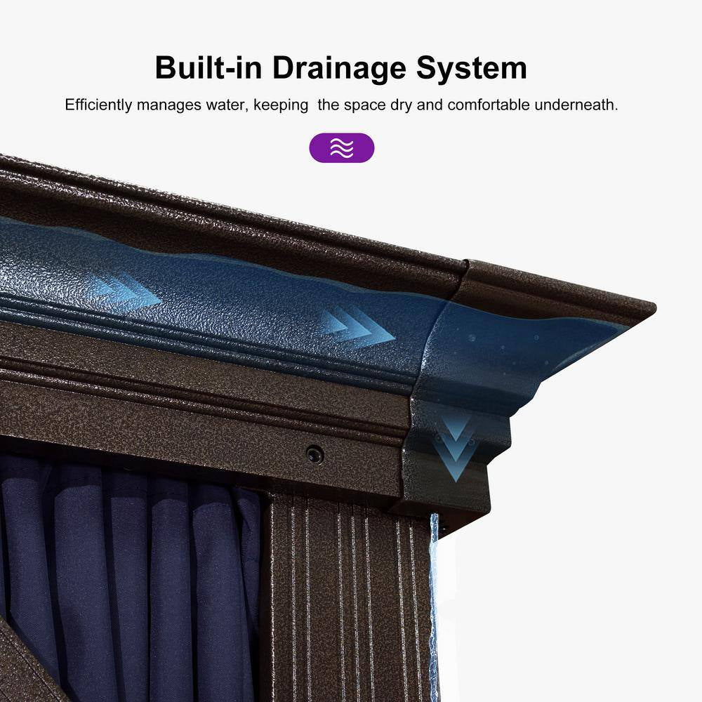 11 Ft. X 15 Ft. Bronze Patio Outdoor Gazebo for Backyard Hardtop Aluminum Frame Hooks, Netting, Blue Curtain, 24-Lights