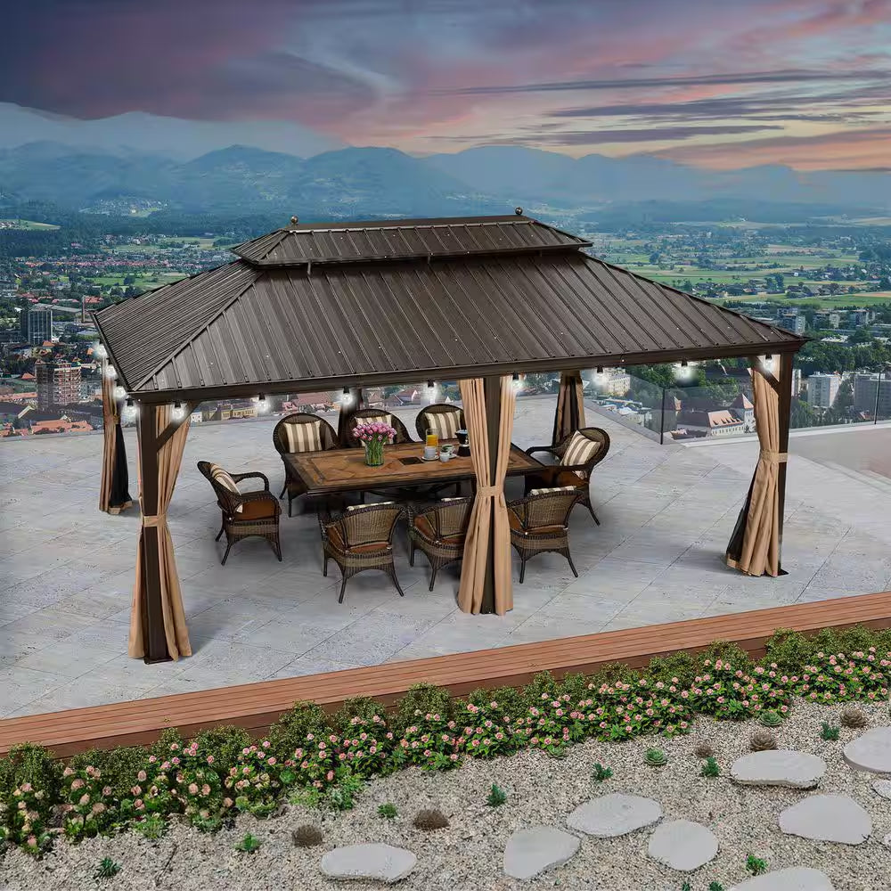 12 Ft.X 20 Ft.Bronze Patio Outdoor Gazebo for Backyard Hardtop Aluminum Frame with Hooks,Netting,Khaki Curtain,36-Lights