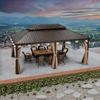 12 Ft.X 20 Ft.Bronze Patio Outdoor Gazebo for Backyard Hardtop Aluminum Frame with Hooks,Netting,Khaki Curtain,36-Lights