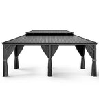 12 Ft. X 20 Ft. Double Roof Hardtop Aluminum Patio Gazebo with Netting and Gray Curtains
