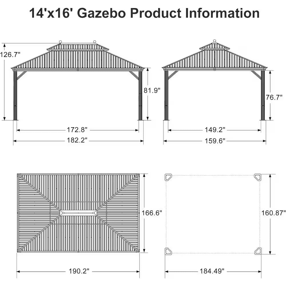 14 Ft. X 16Ft. Bronze Patio Outdoor Gazebo for Backyard Hardtop Aluminum Frame W/Hooks, Netting, Khaki Curtain,36-Lights