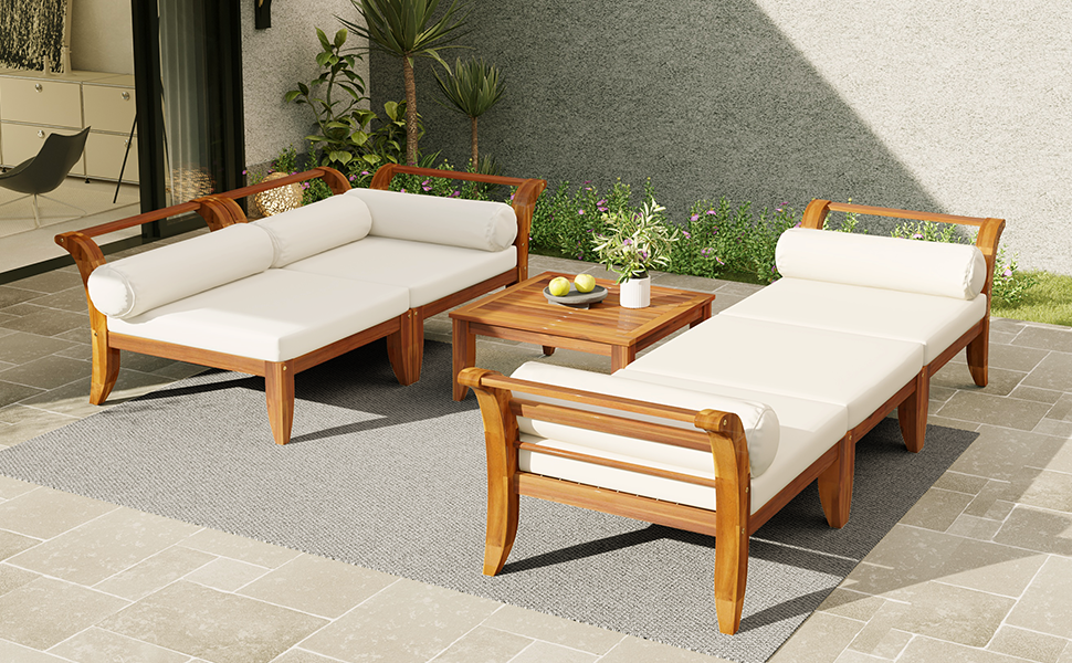 6- Piece Acacia Wood Outdoor Modular Sectional with Daybed and Tea Table