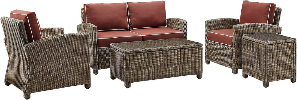 Bradenton 5-Piece Outdoor Loveseat Patio Furniture Set, Wicker Conversation Sets for Porch, Brown with Sangria Cushions
