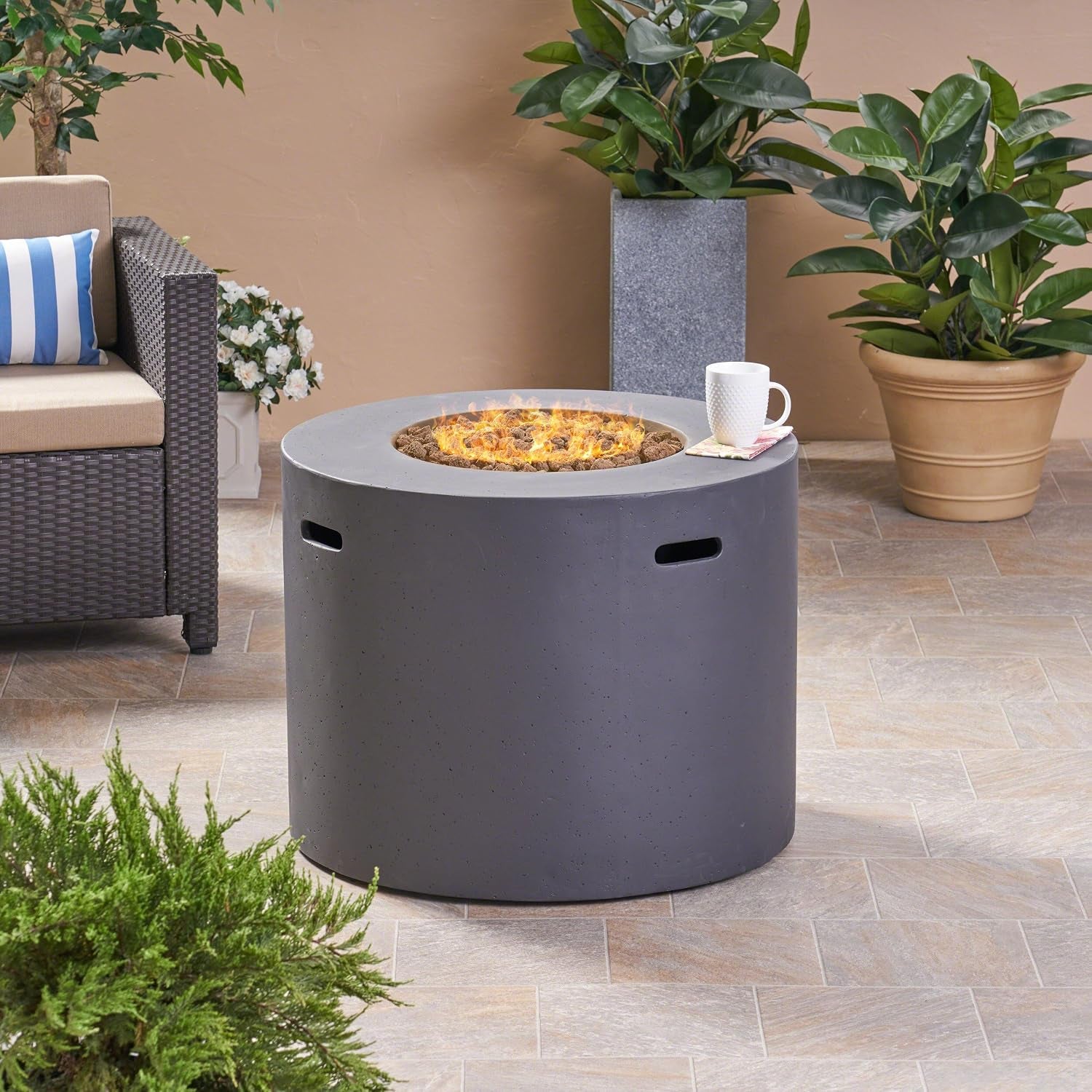 Aidan Outdoor Patio Modern 31" round Light Weight Concrete Gas Burning Fire Pit, Dark Gray