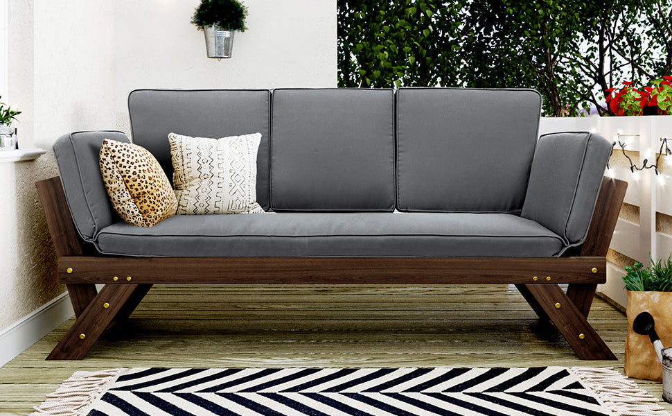 Outdoor Adjustable Patio Wooden Daybed Sofa Chaise Lounge with Cushions
