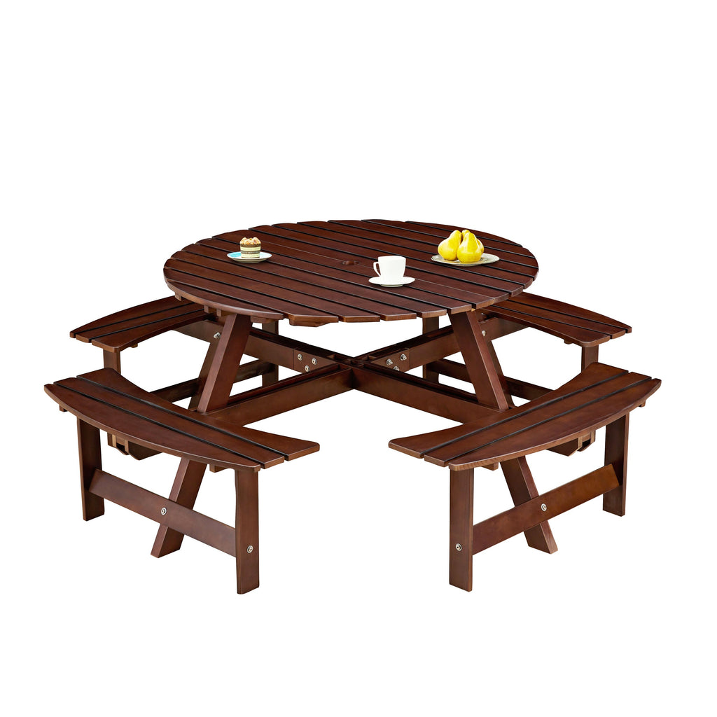 Outdoor 8- Person Round Picnic Table with Built-In Benches